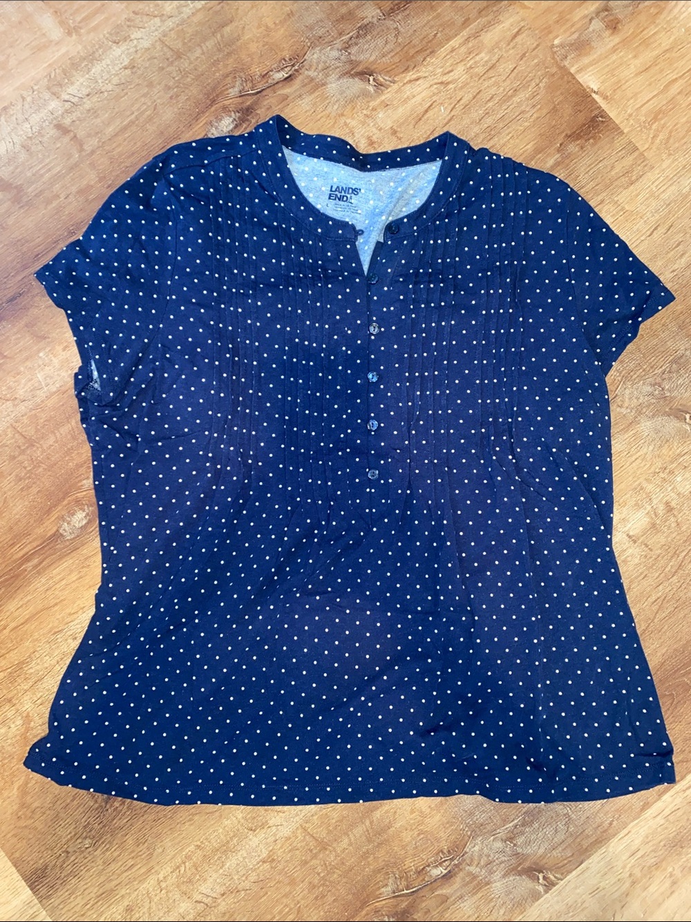 Lands' End Navy Blue Polka Dot Button-Front Women's Top Large